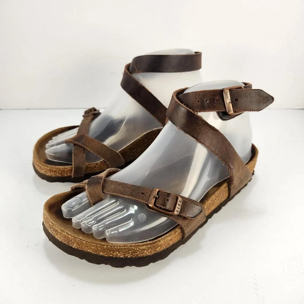 Birkenstock Women's 36 US 5 Brown Leather Yara Ankle Strap Toe Loop Sandals